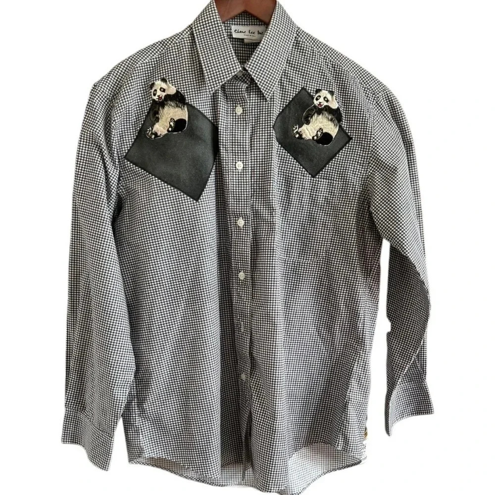Vintage‎ Panda Embroidered Button-down Black Checker Shirt w/Pocket Sz M